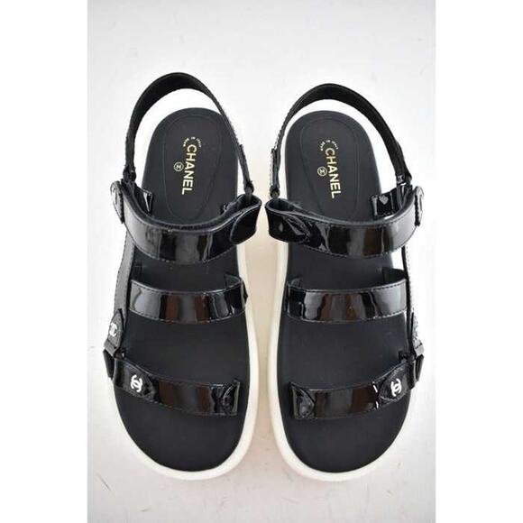 Chanel 20C Black Patent White CC Logo Mule Slide Strap Flat Dad Sandal 40.5 - Picture 9 of 12